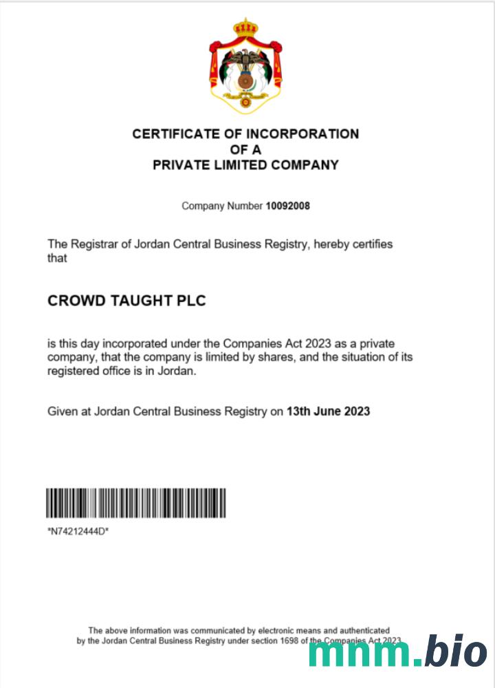 Jordan vcertyfikat of registration Word i szablon PDF